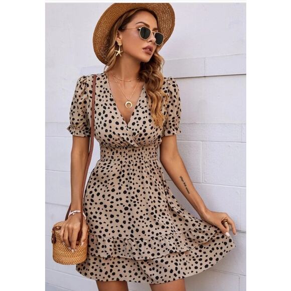 SHEIN Dalmatian Print Dress Women’s Large Shirred Waist Layered Hem • EUC - Picture 1 of 8